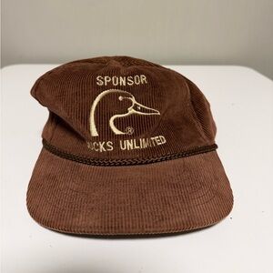 Vintage Sponsor Ducks Unlimited Hat Strap Back Adjustable Corduroy Brown